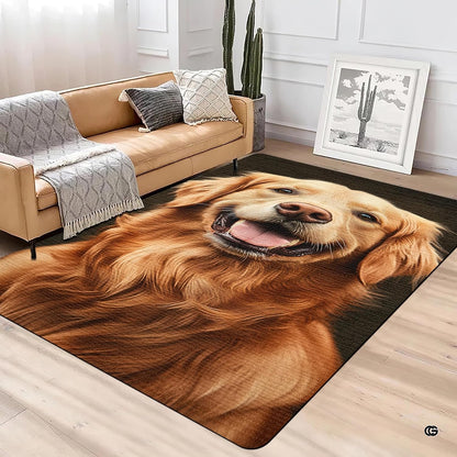 Living room setup featuring the golden retriever area rug styled beside dark wooden furniture. - thumbnail image 3 of 5