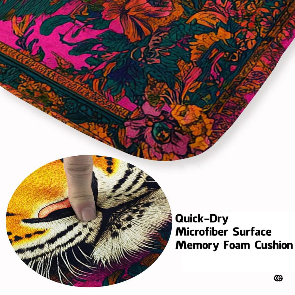 Soft low-pile microfiber fabric and foam cushioning detail of pink tiger rug