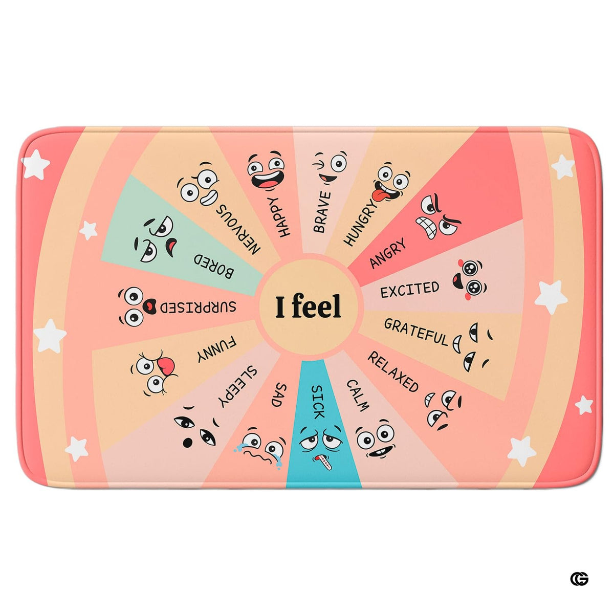 Circular feelings wheel rug featuring expressive emoji faces across pastel radial slices.