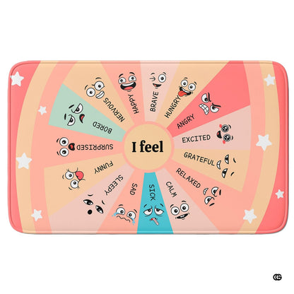 Circular feelings wheel rug featuring expressive emoji faces across pastel radial slices. - thumbnail image 1 of 9