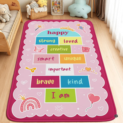 Pink princess decorative accent area rug displaying colorful numbered game blocks and tiara artwork. - thumbnail image 1 of 9