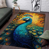 Modern living room sofa setting displaying the fiery golden peacock portrait wildlife area rug