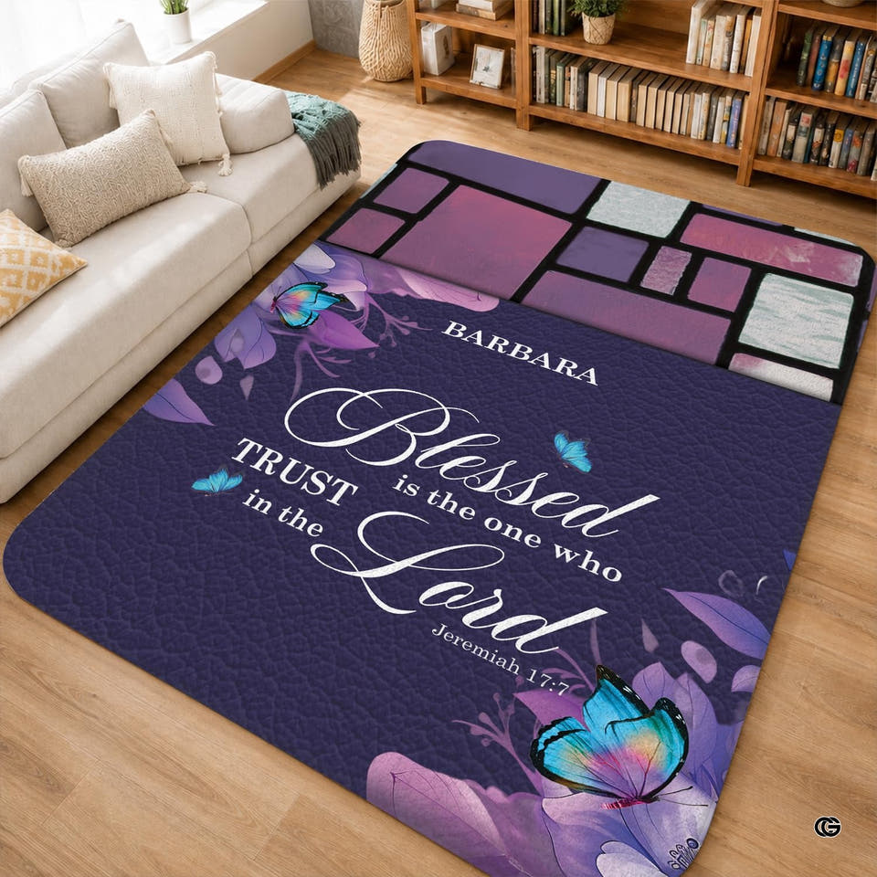 Artistic violet floor covering with fluttering colorful winged insects on hardwood floor