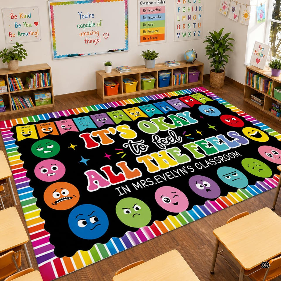 Classroom Area Rug showcasing central cartoon emotion faces and rainbow stripes.