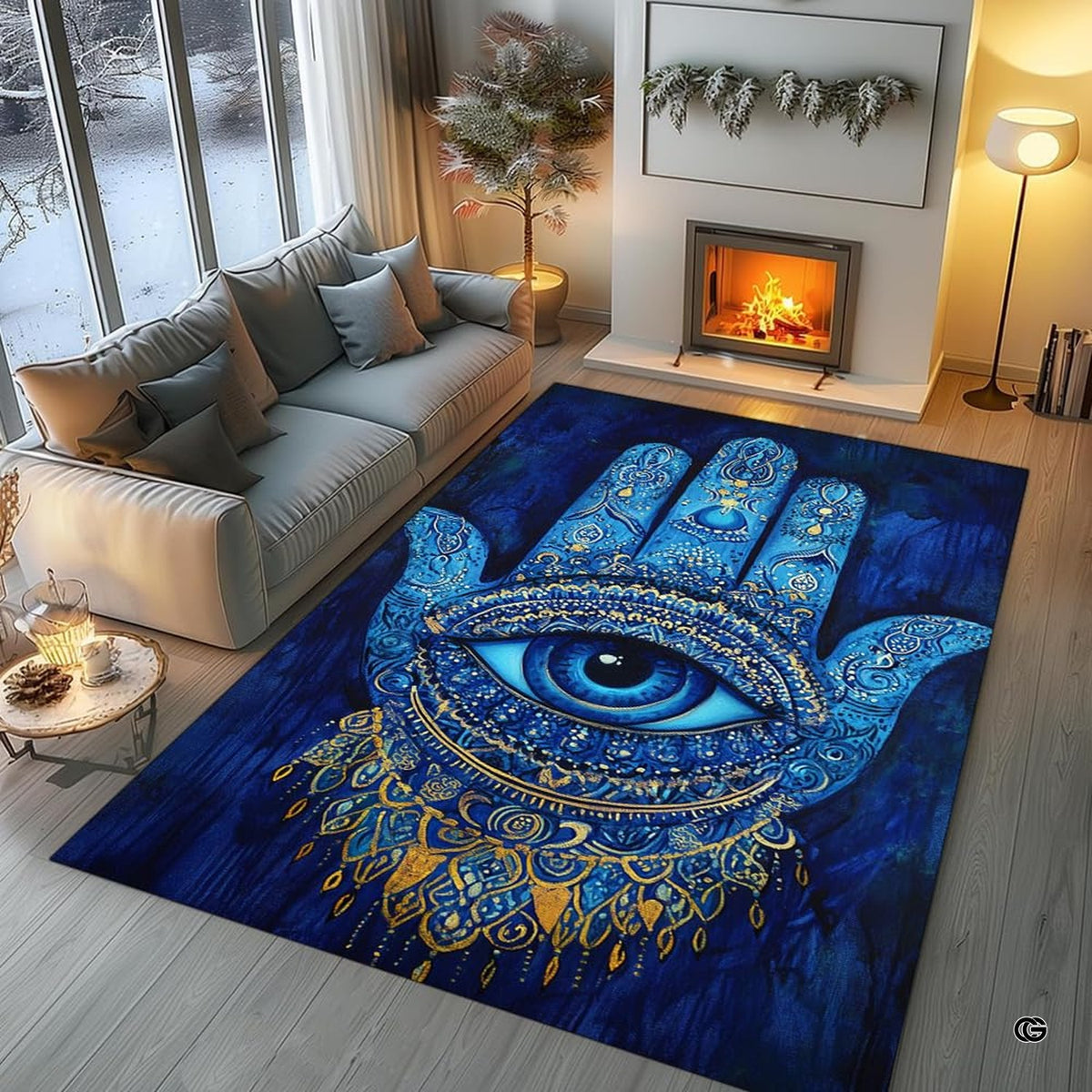 Top-down display of the symmetrical Hamsa talisman motif surrounded by gold scrollwork. - image 5 of 8