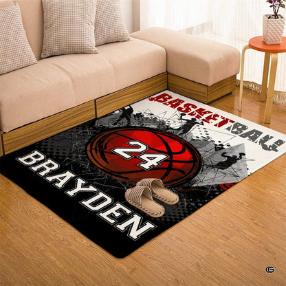 Red basketball area rug displayed beside living room couch and table. - thumbnail image 7 of 7