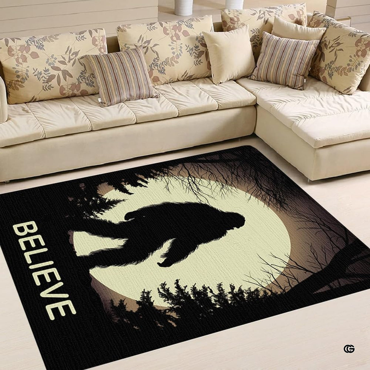 Overhead view showing Sasquatch forest artwork and moonlit accents across an area rug. - image 2 of 5