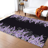 Purple lavender floral botanical black rectangular area rug in living room.