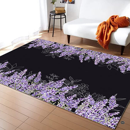 Purple lavender floral botanical black rectangular area rug in living room. - thumbnail image 1 of 5