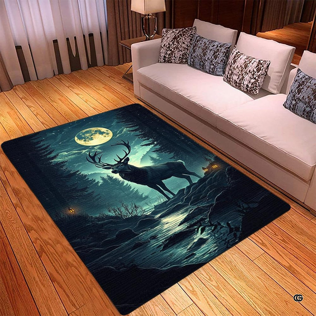 Mockup display showing the nocturnal deer stag rug placed near living room furniture - image 2 of 5