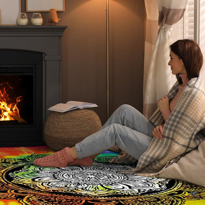 Vivid kaleidoscopic color bleeds and crisp floral geometry on an artistic tie dye rug. - thumbnail image 8 of 8