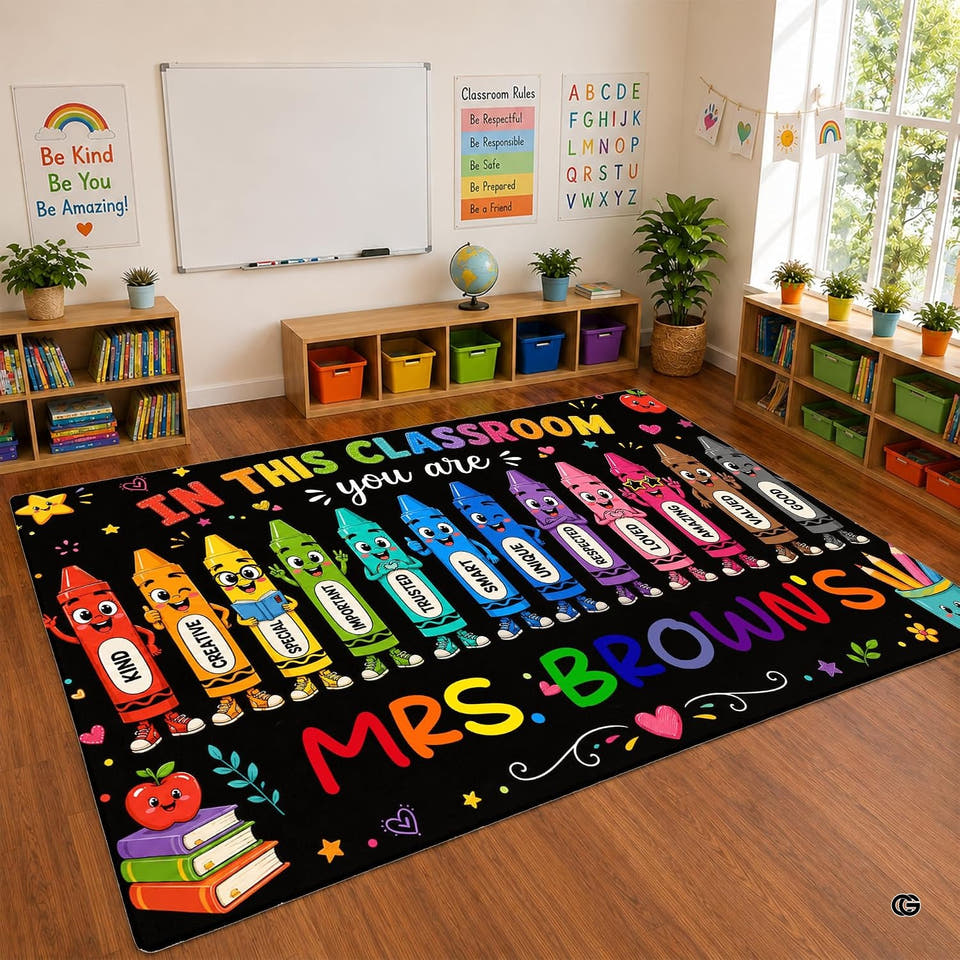 Classroom Area Rug featuring colorful crayon illustrations and smiling faces over a dark backdrop.
