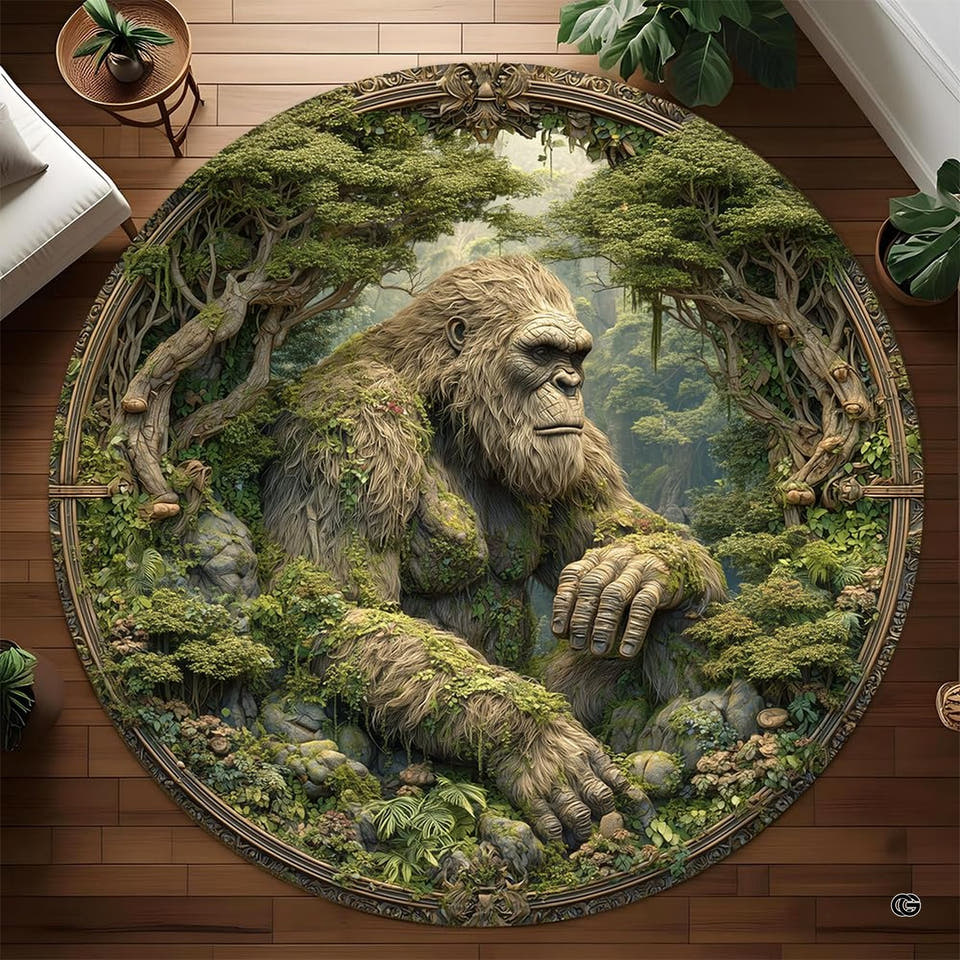 Round mossy Bigfoot rug in a lush forest