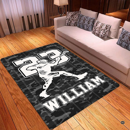 Angle view showcasing dynamic sports graphics and grey camo detailing across athletic area rug. - thumbnail image 6 of 9
