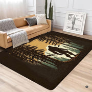 Modern lounge interior with leather couch and cactus featuring bigfoot walking through forest rug - thumbnail image 2 of 5