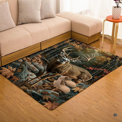 Autumn deer landscape area rug anchoring wooden furniture inside a rustic woodland interior. - thumbnail image 7 of 7