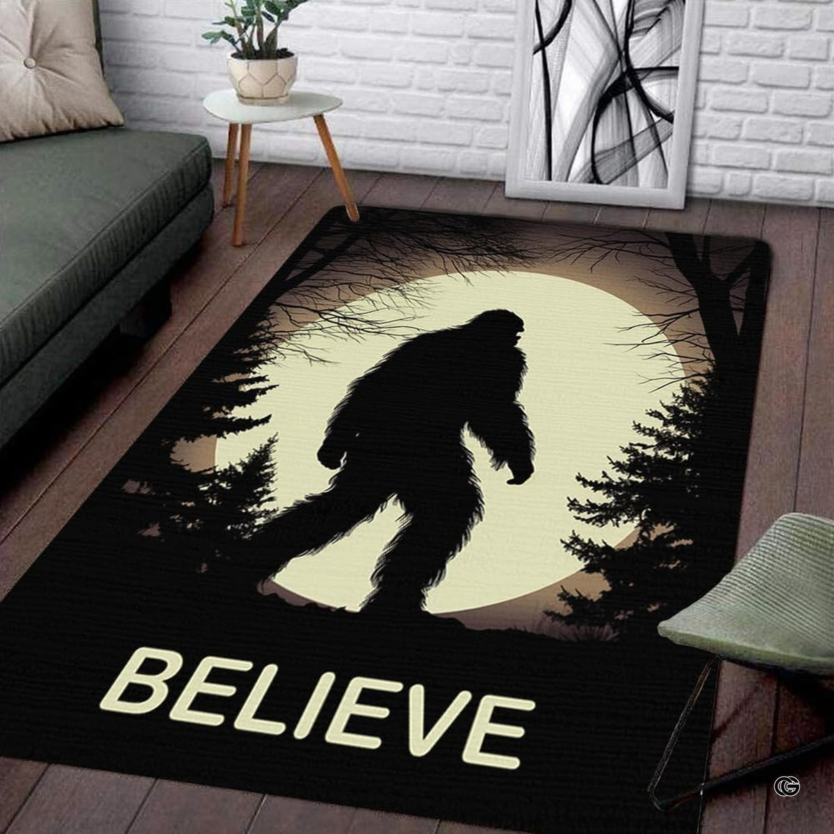 Bigfoot silhouette walking through a pine forest under a glowing full moon on an area rug.