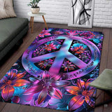 Psychedelic floral peace sign boho living room area rug with glowing purple and turquoise blooming flowers