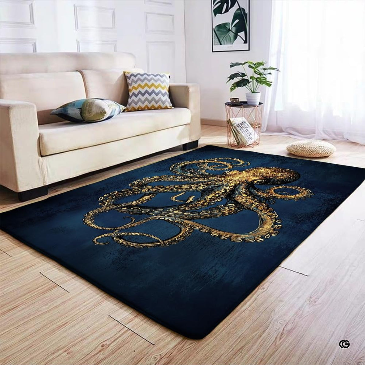 Top-down overhead view of rectangular vintage nautical gold octopus living room area rug - image 7 of 7