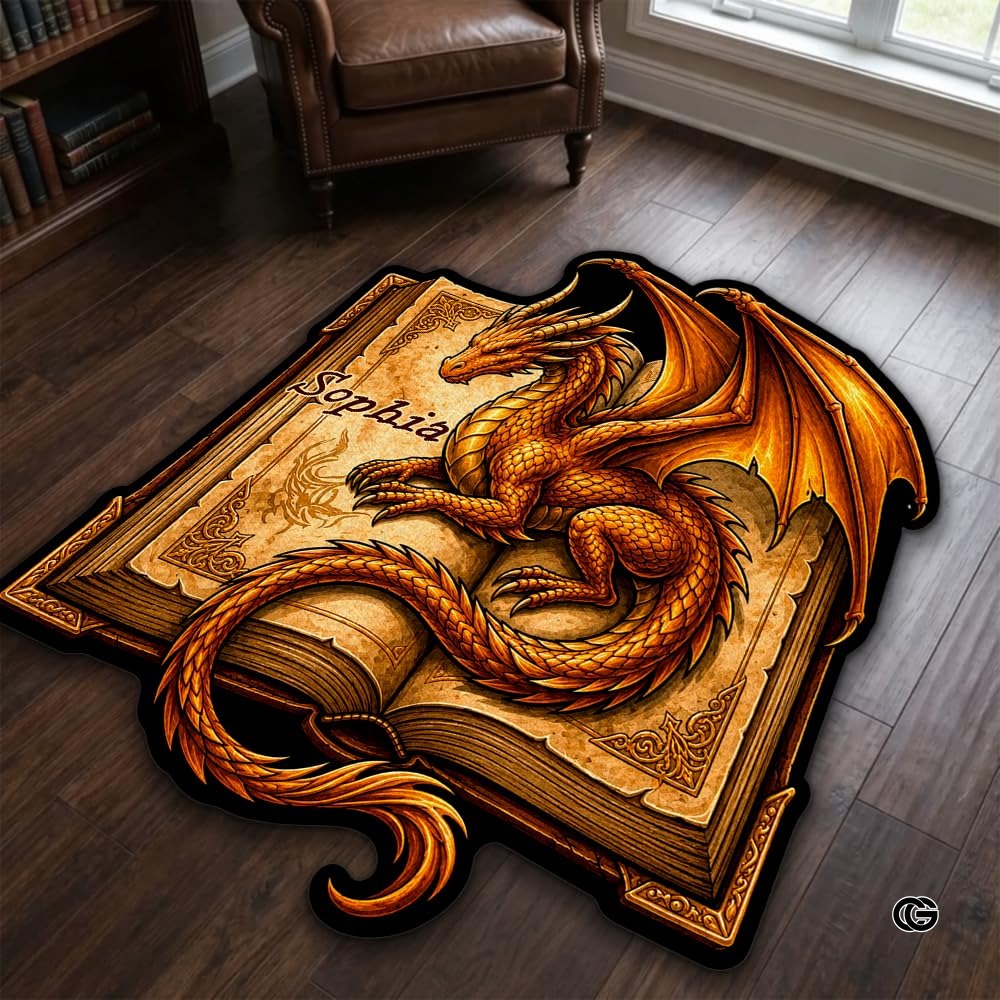 Custom Dragon Shaped Area Rug, Personalized Library Western Dragon Shaped Floor Mat Book Rug, Non-Slip Reading Room Carpet for Living Room, Bedroom, Dorm, Kids Room, Fans Lover (D4)