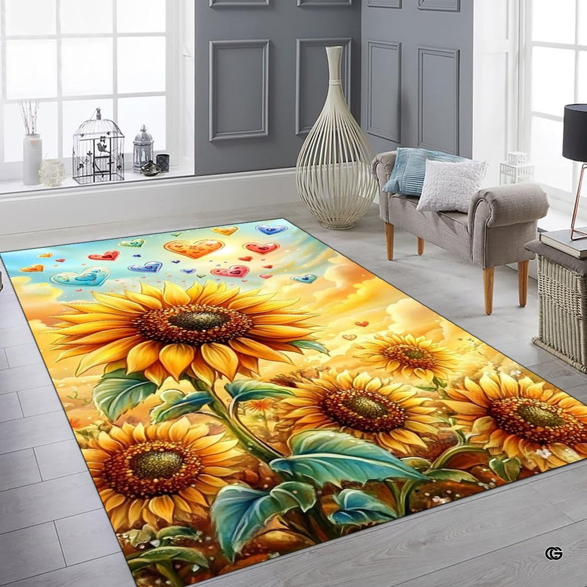 Botanical floor covering featuring lush green and teal foliage alongside blooming golden sunflowers in a bright room.