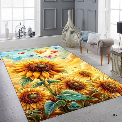 Botanical floor covering featuring lush green and teal foliage alongside blooming golden sunflowers in a bright room. - thumbnail image 6 of 8