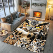 Detailed view of golden-yellow owl eyes and tufted ear illustrations woven into graphic design area rugs. - thumbnail image 5 of 8