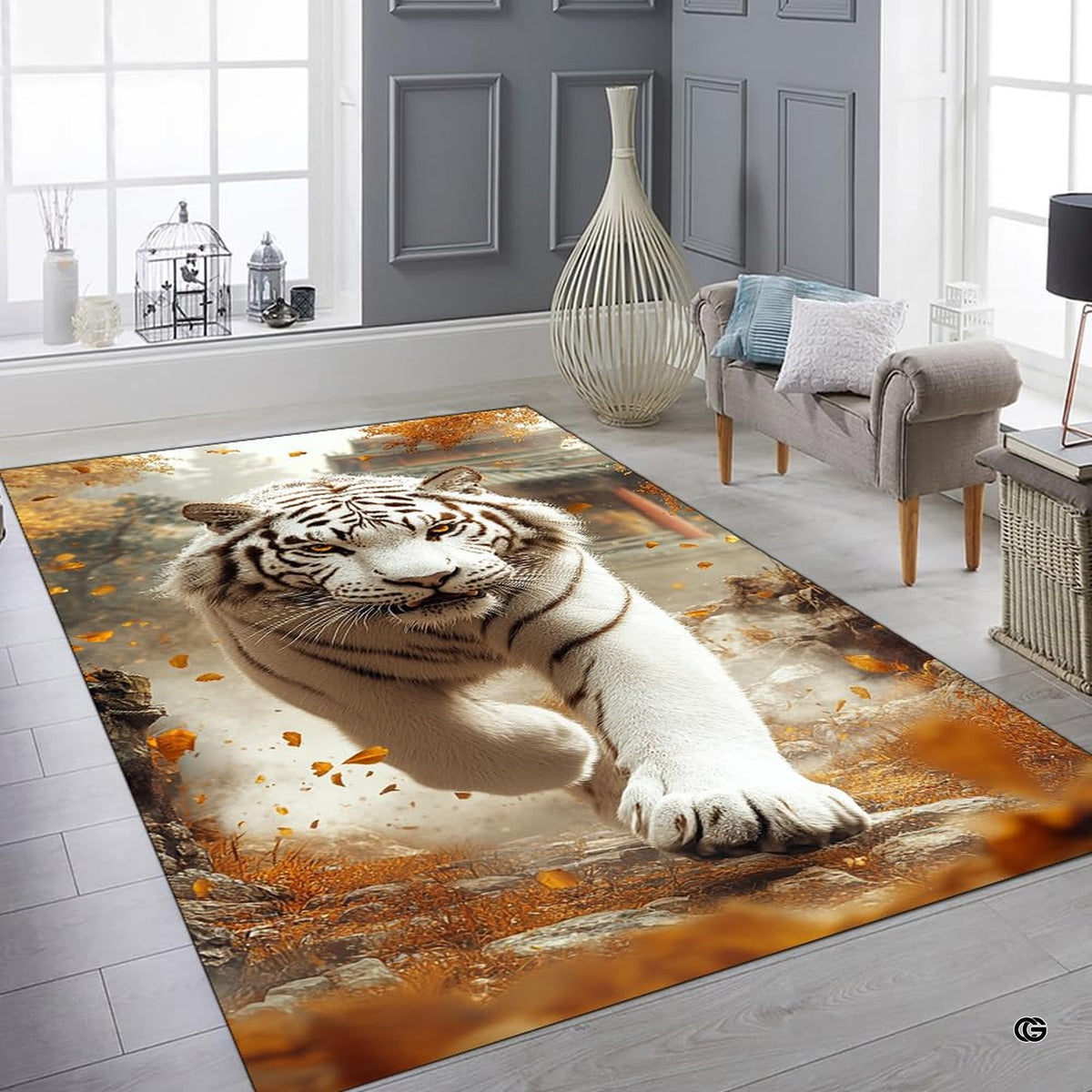 Bright interior decor setup featuring the charging white tiger floor carpet - image 6 of 8