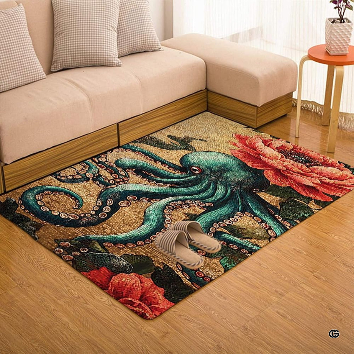 Mosaic teal octopus floral ocean floor rug placed in seaside bedroom setting - image 7 of 7