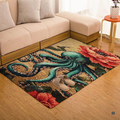 Mosaic teal octopus floral ocean floor rug placed in seaside bedroom setting - thumbnail image 7 of 7