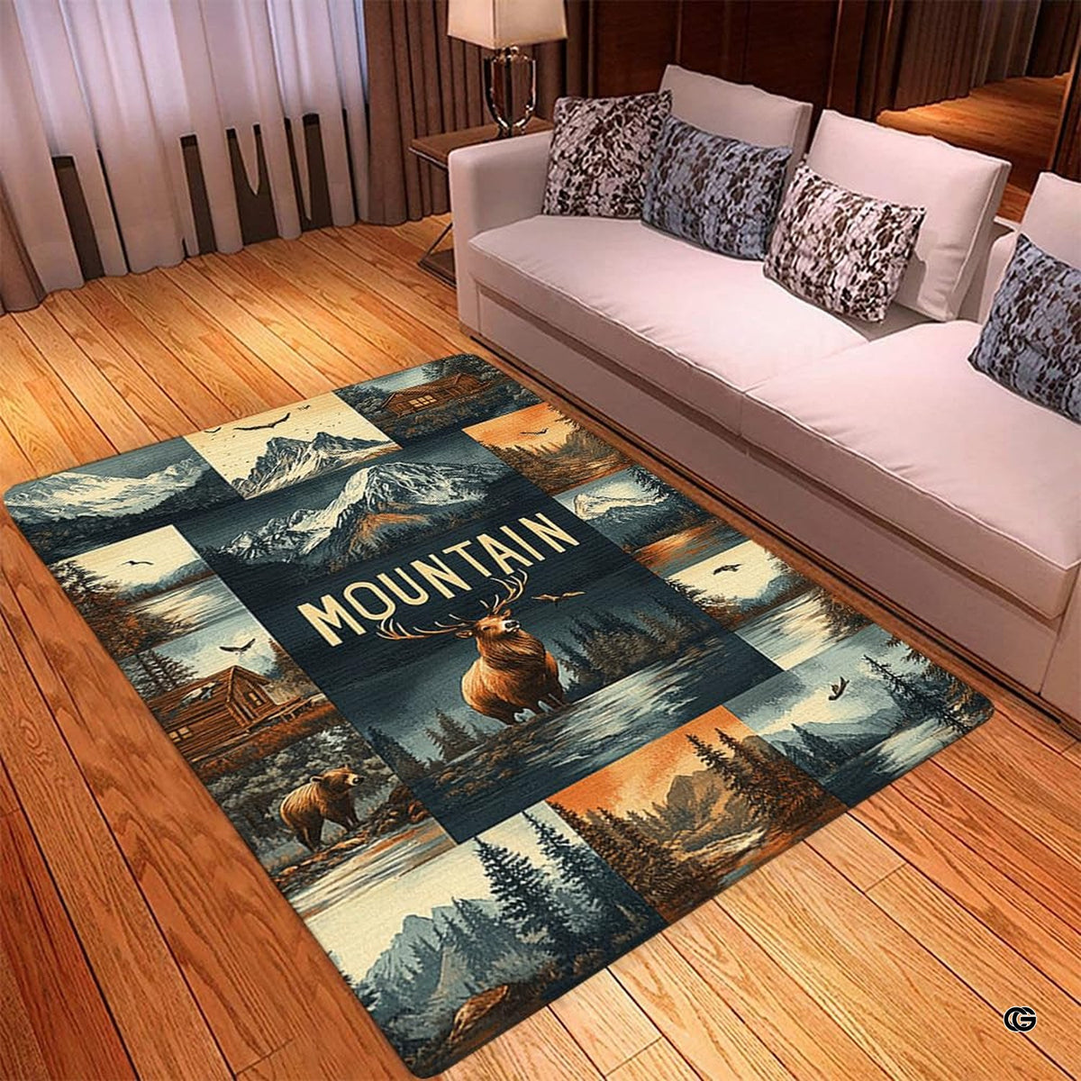 Detailed view of the wildlife collage rug showing grizzly bear and pine forest art. - image 2 of 5