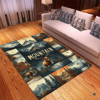 Detailed view of the wildlife collage rug showing grizzly bear and pine forest art. - thumbnail image 2 of 5