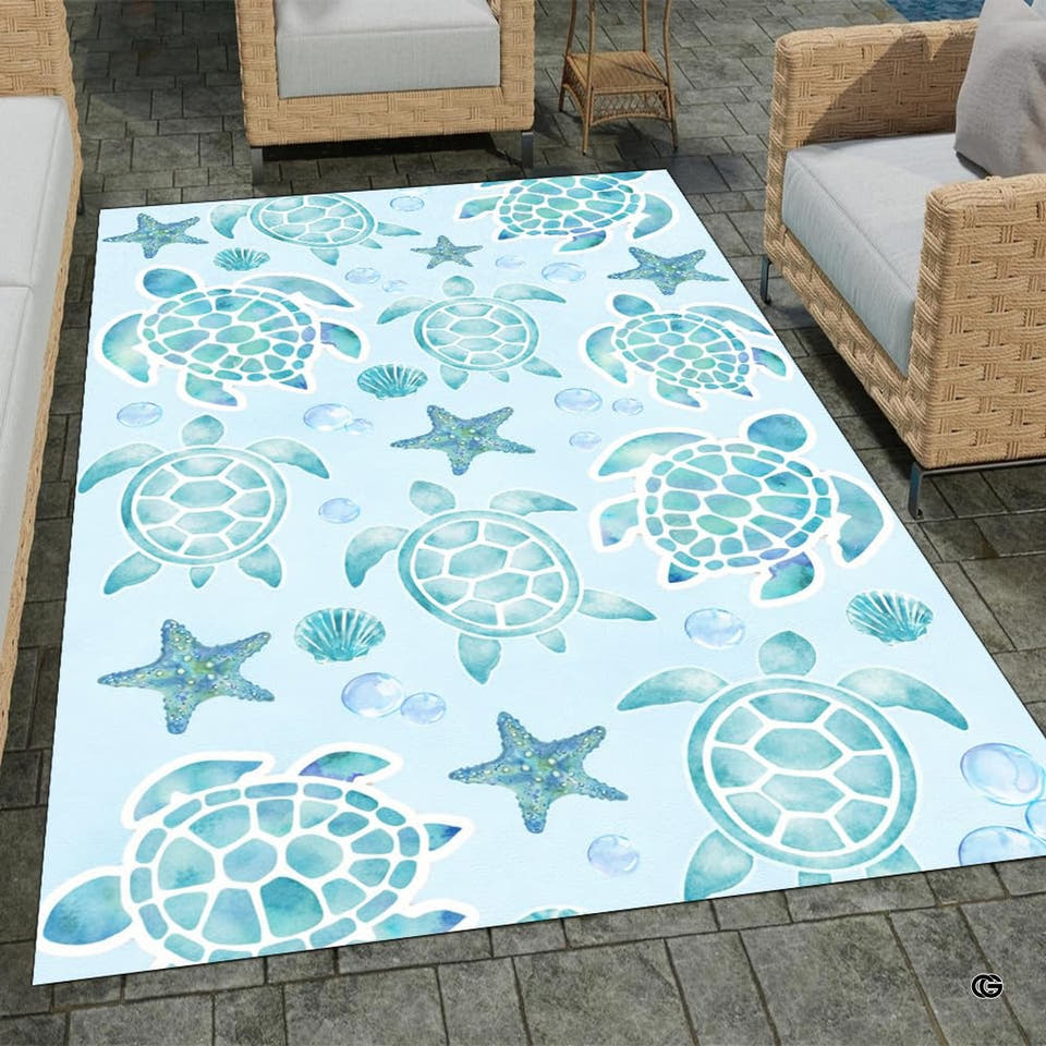 Watercolor sea turtles starfish coastal ocean area rug in primary perspective