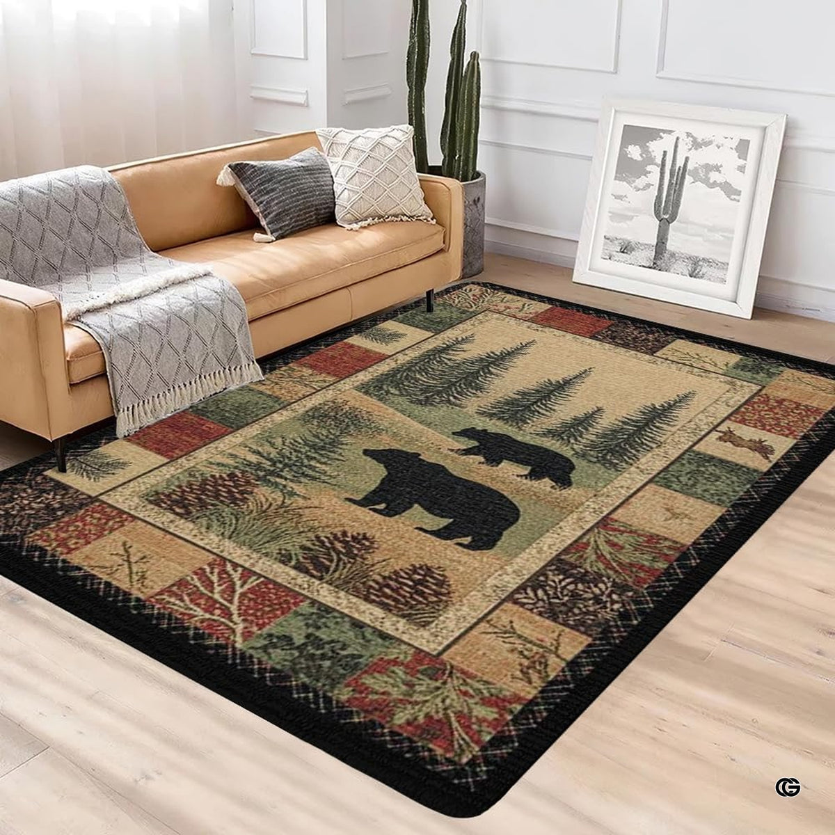 Cabin den layout displaying the rustic bear forest rug centered on flooring - image 4 of 5