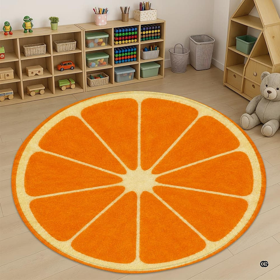 Round orange slice rug in a bright nursery