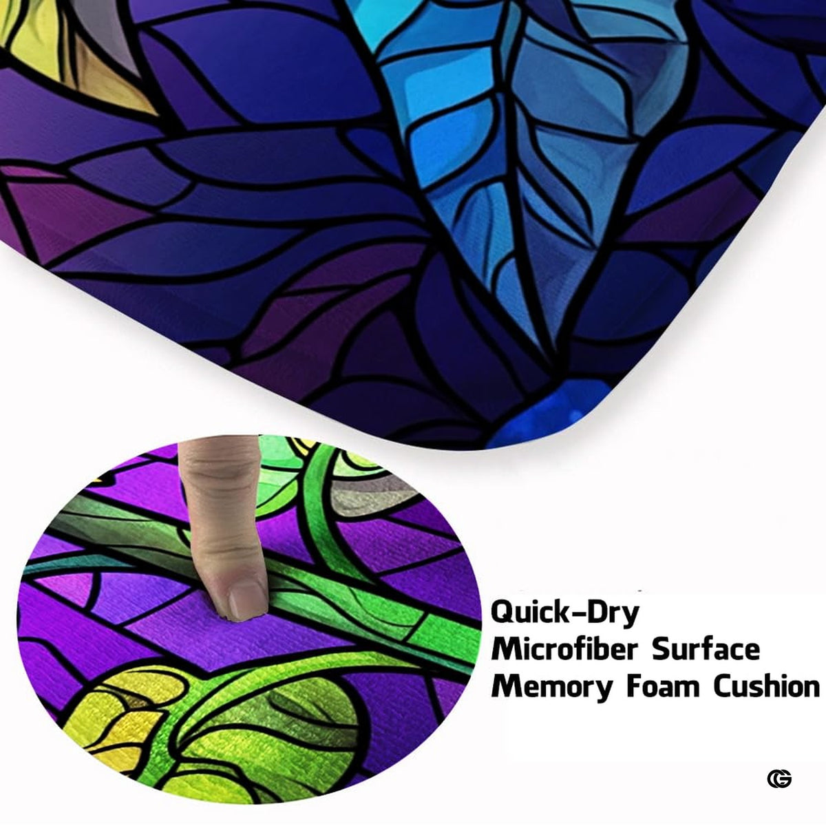 Full overhead view of the floral mosaic area rug displaying golden sunflower bloom over purple and blue glass segments. - image 3 of 8