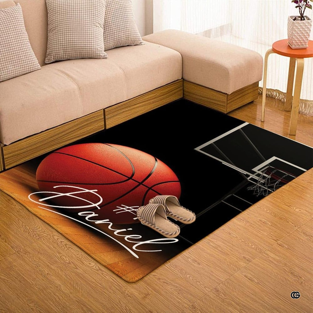 Top-down overhead view of rectangular basketball hardwood court living room area rug