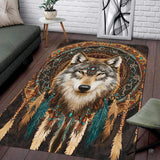 Living room seating setup featuring the tribal wolf totem beaded mandala dreamcatcher area rug