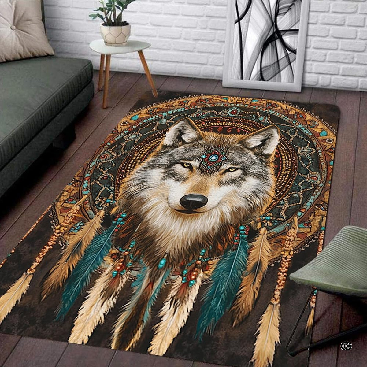 Living room seating setup featuring the tribal wolf totem beaded mandala dreamcatcher area rug - image 1 of 7