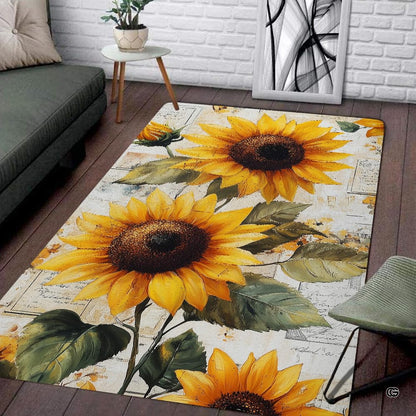 Vintage botanical script sunflower living room area rug with antique parchment collage - thumbnail image 1 of 7