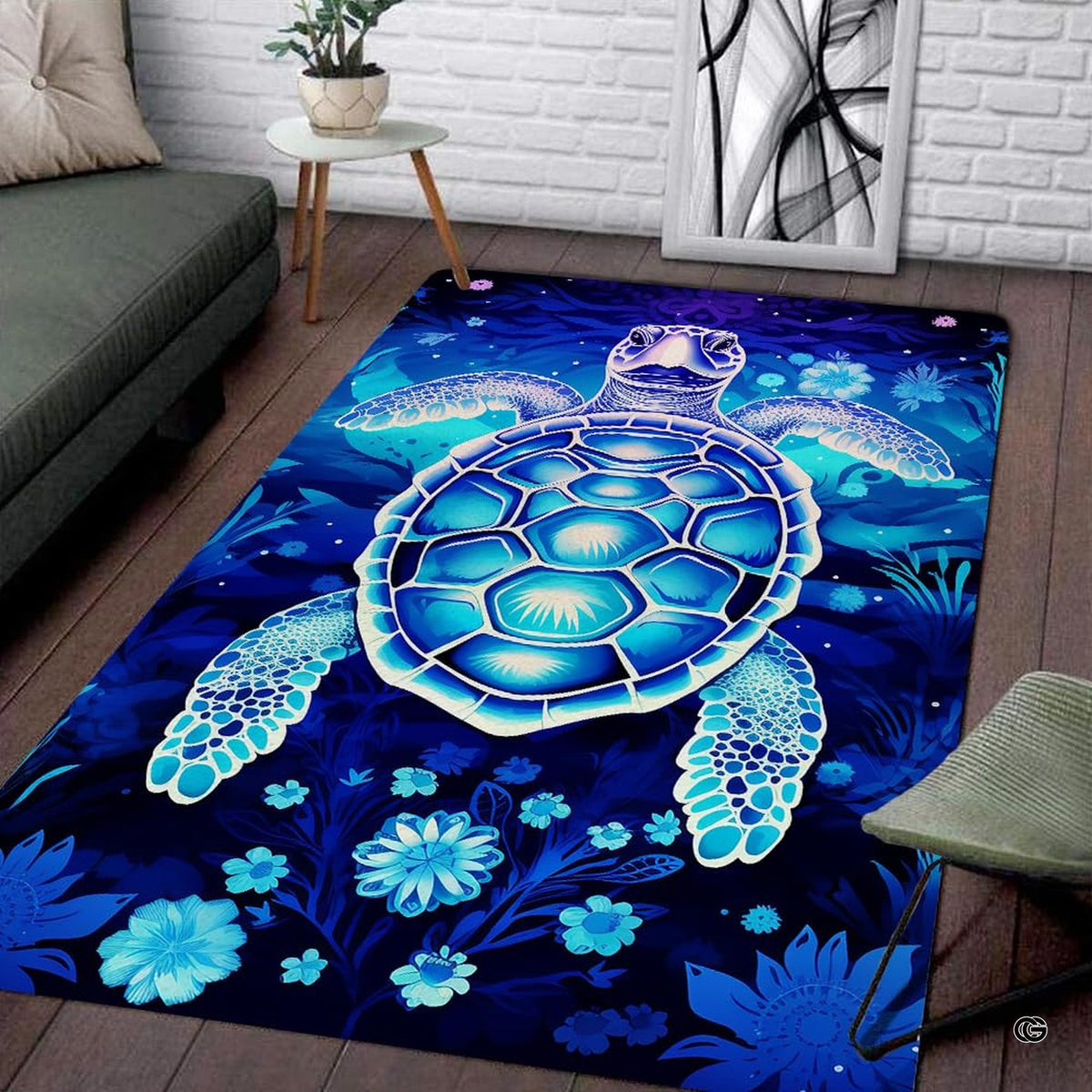 Glowing sea turtle habitat area rug showcasing turquoise coral and navy flora.