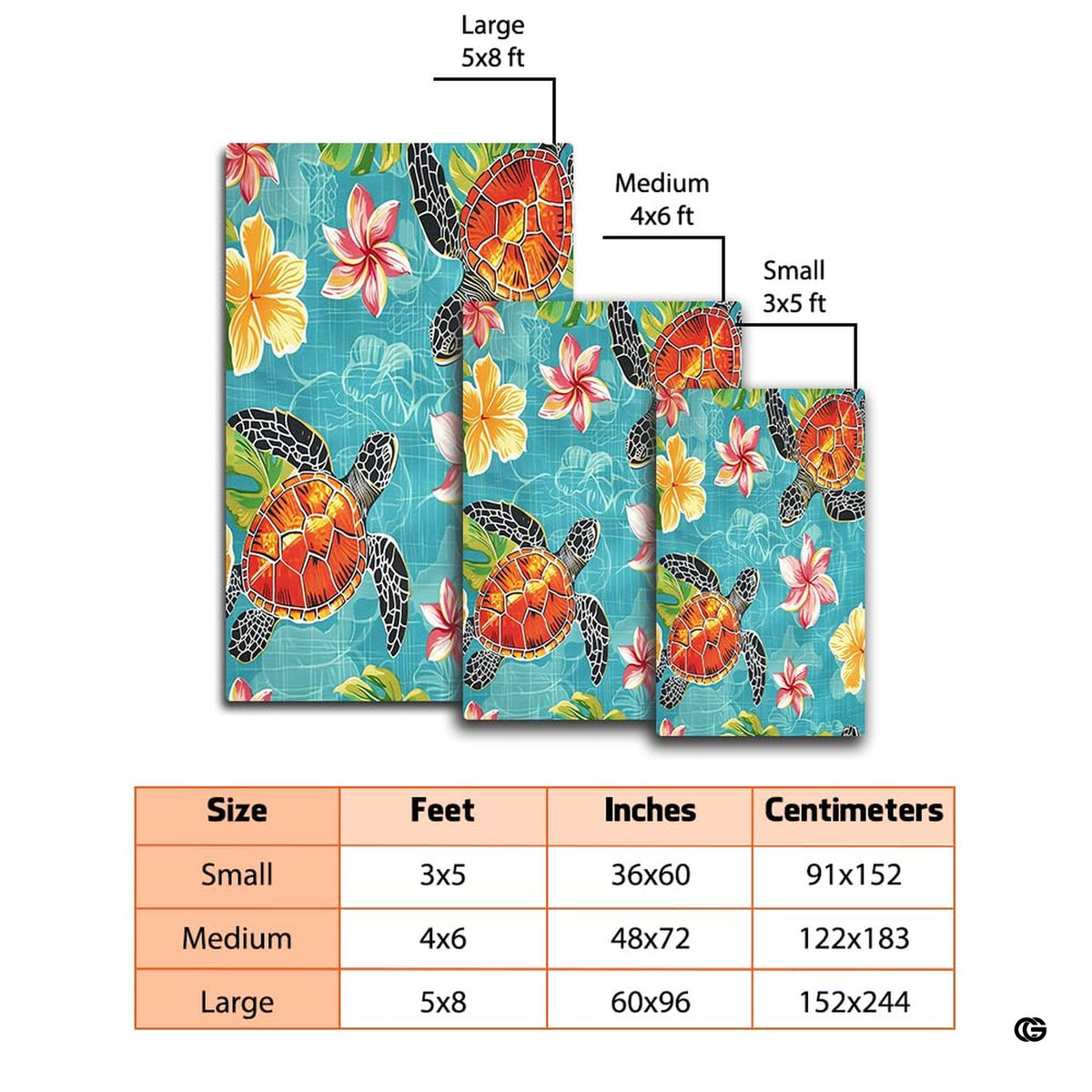 Dimension chart displaying size options for tropical sea turtle area rug.