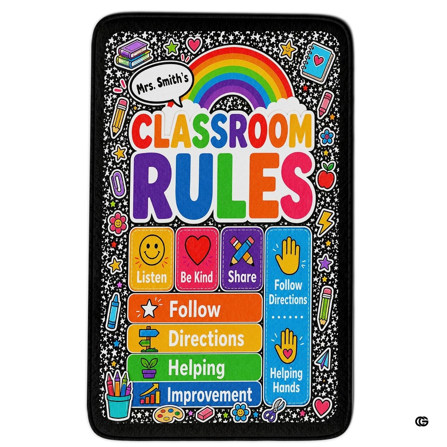 Personalized Teachers Classroom Rug, Custom Teacher Name Classroom Rules Area Rug, Feeling Chart Calming Corner Mat, Kindergarten Educational Back to School Class Decor (D7)