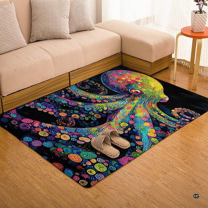 Living room setup featuring the vibrant psychedelic octopus area rug beneath ambient light. - thumbnail image 7 of 7