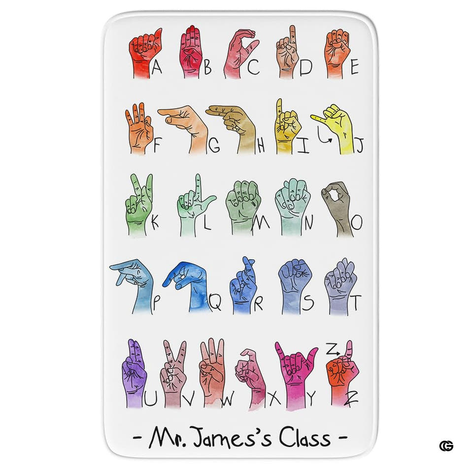 Watercolor ASL alphabet classroom chart rectangular area rug on white.