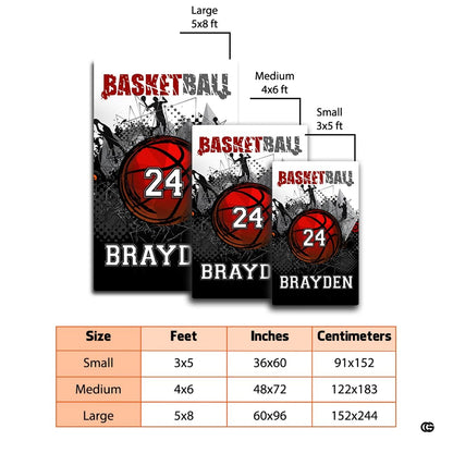 Dimension chart displaying size options for red basketball sports area rug. - thumbnail image 2 of 7