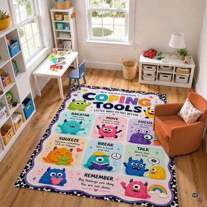 Personalized Teachers Classroom Rug, Custom Teacher Name Classroom Rules Area Rug, Feeling Chart Calming Corner Mat, Kindergarten Educational Back to School Class Decor (D3)