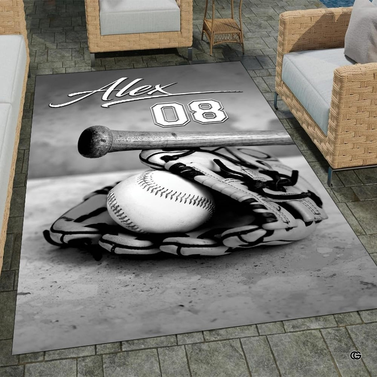 Full view of monochrome baseball theme white area rugs for living room display. - image 7 of 7