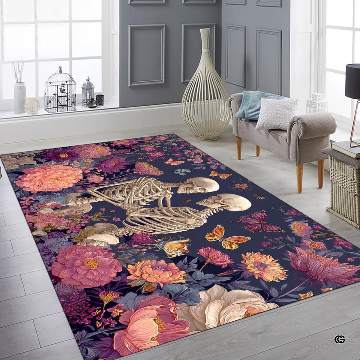 Floor layout view of the romantic skeletal couple among purple peonies and butterflies - image 2 of 8