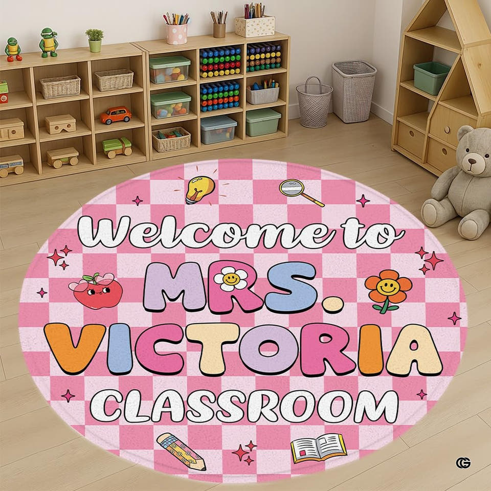 Pastel checkerboard round area rug displayed on light wood flooring in a preschool play area beside toy shelves.